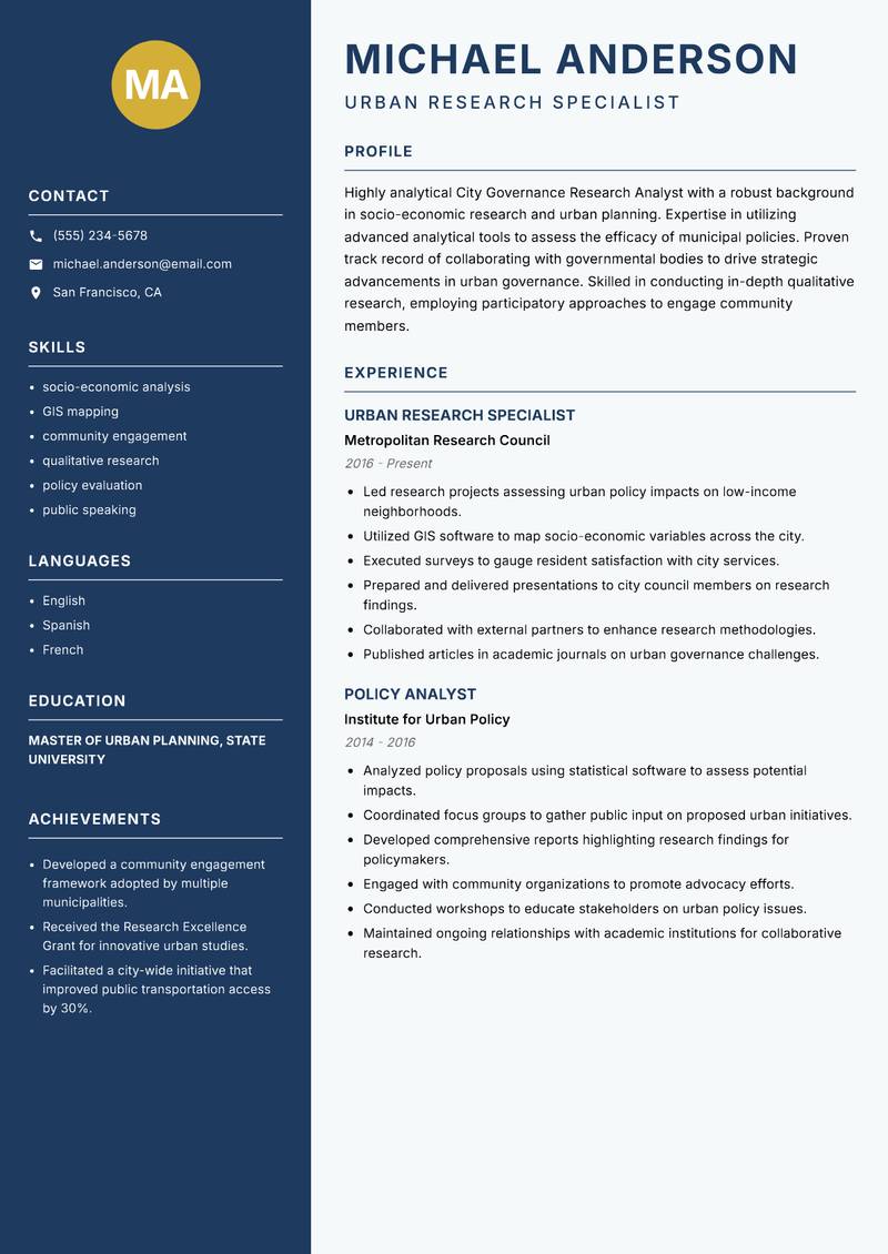 City Governance Research Analyst resume template — Classic Clean