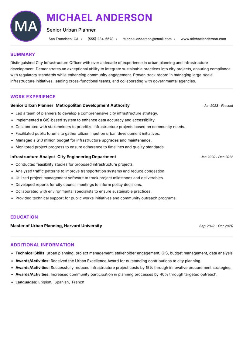 City Infrastructure Officer resume example — ATS-friendly template