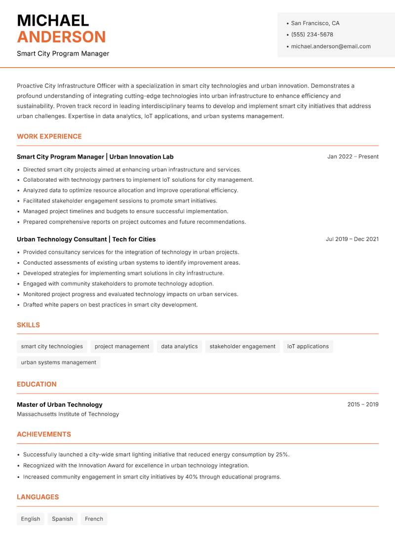 City Infrastructure Officer resume template — Modern Professional