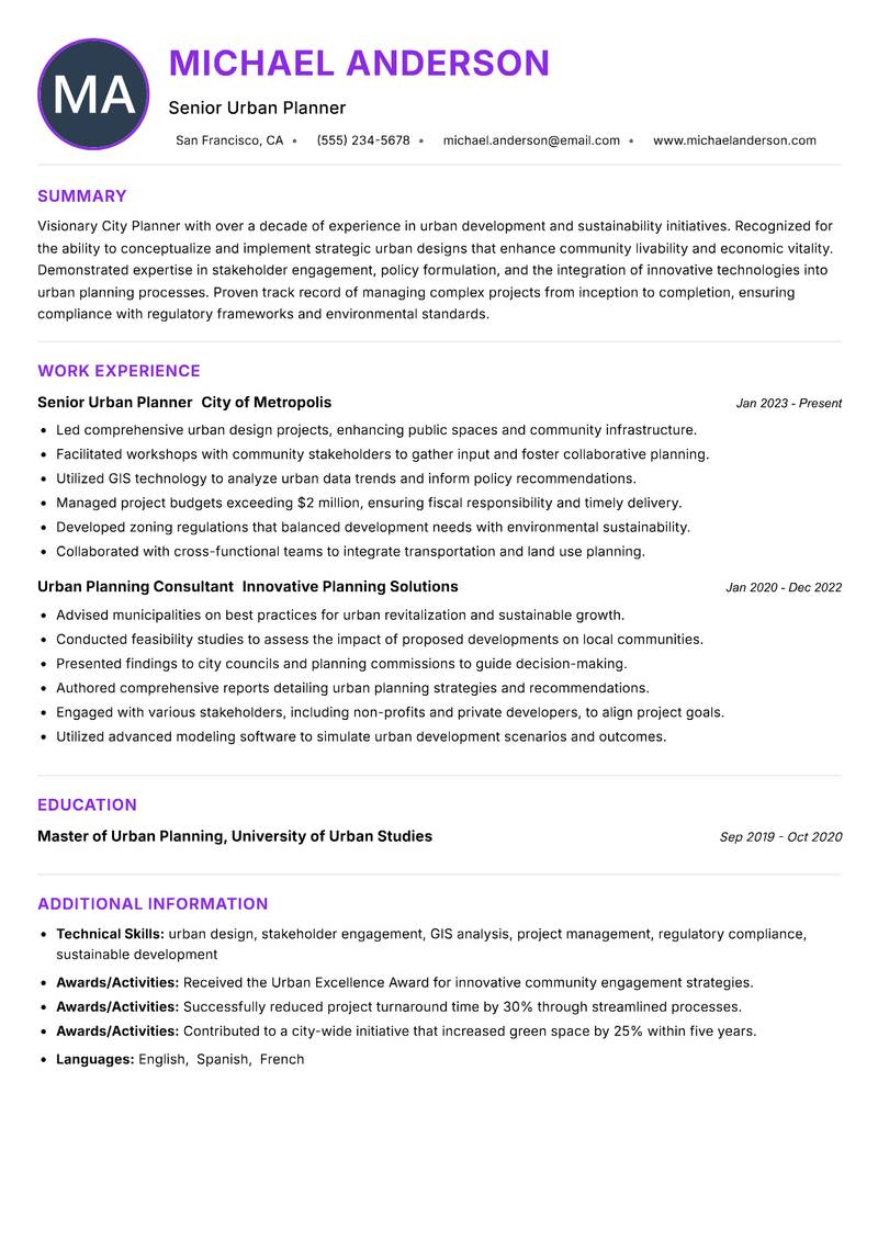 City Planner resume example — ATS-friendly template