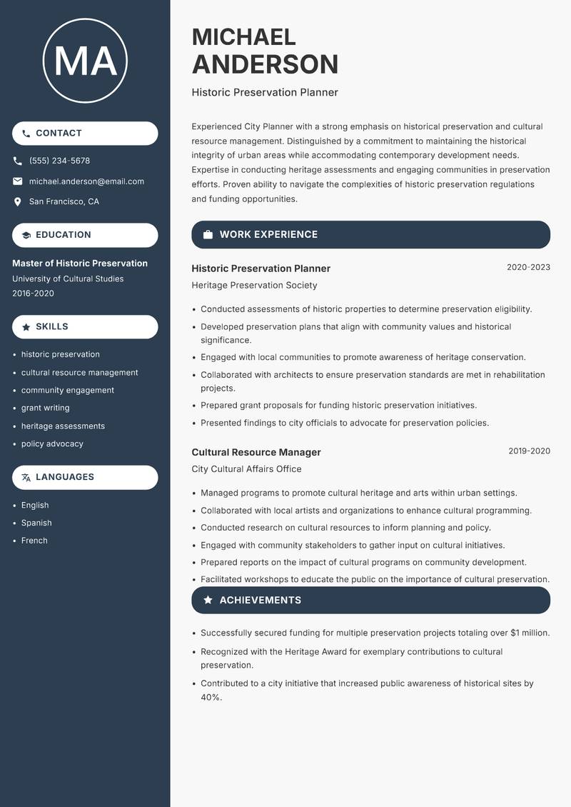 City Planner resume template — Compact