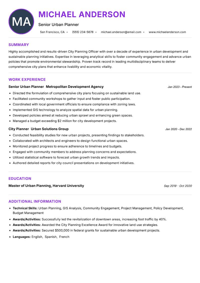 City Planning Officer resume example — ATS-friendly template