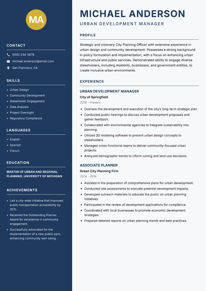 City Planning Officer resume template — Classic Clean