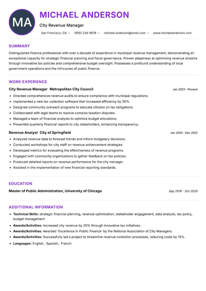 City Revenue Officer resume example — ATS-friendly template