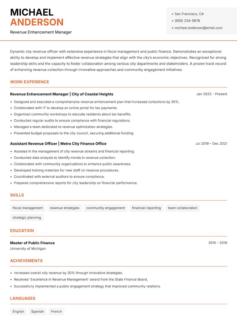 City Revenue Officer resume template — Modern Professional