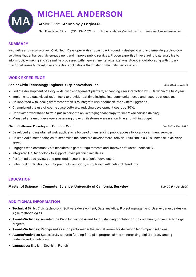 Civic Tech Developer resume example — GovTech