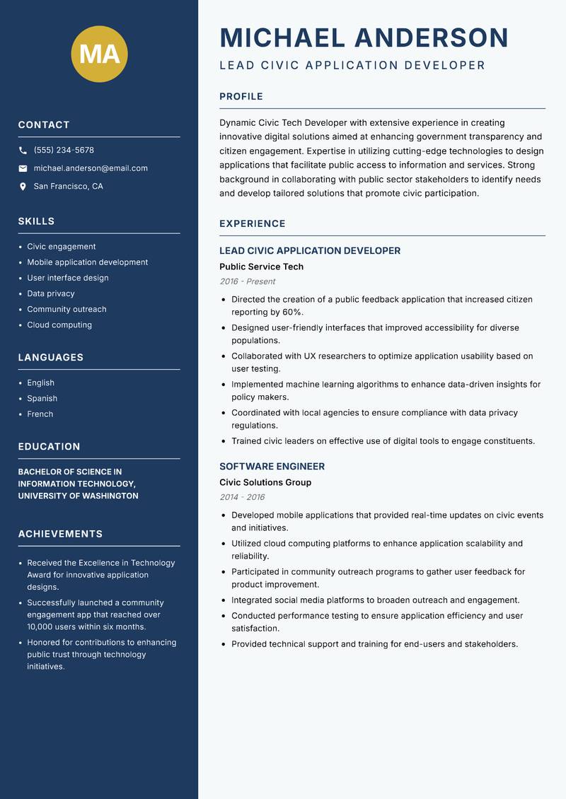 Civic Tech Developer resume template — Classic Clean