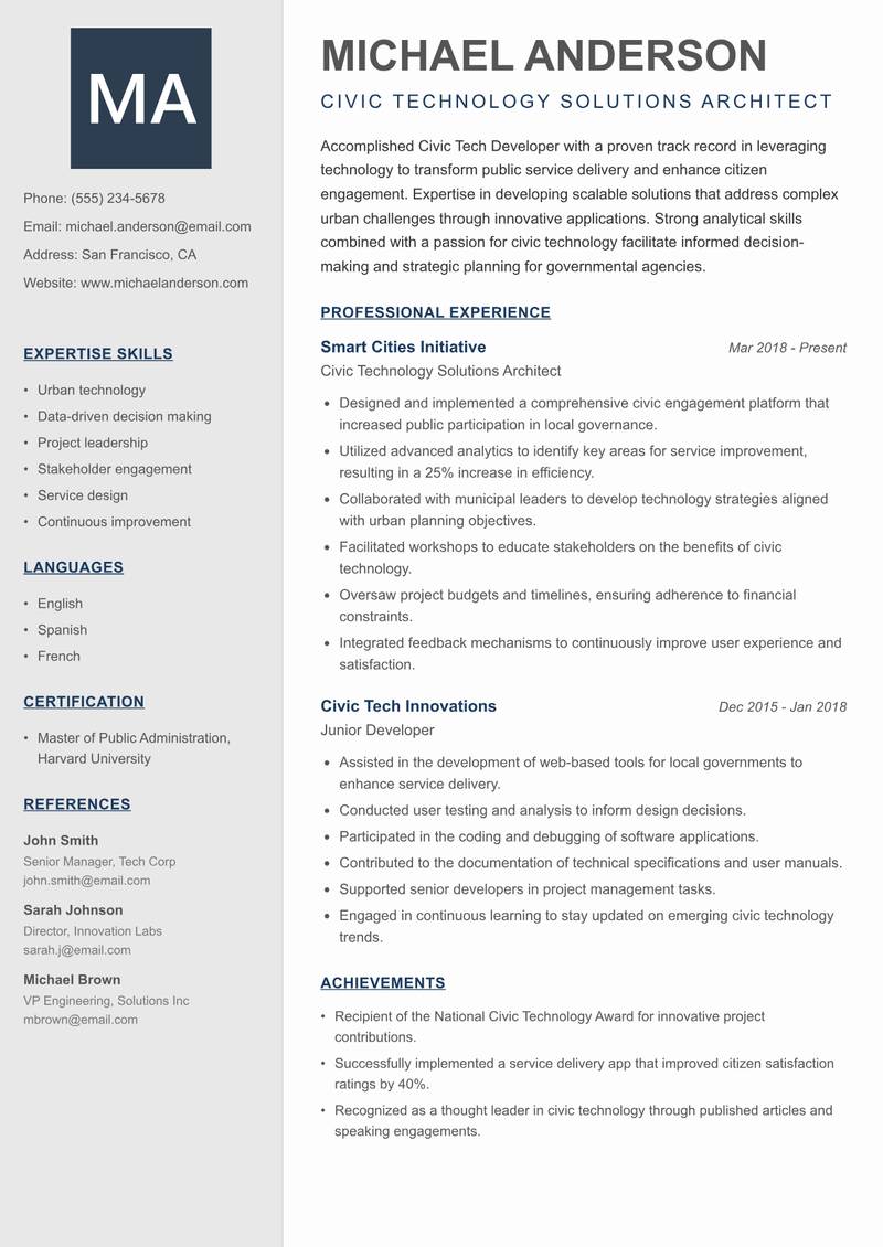 Civic Tech Developer resume template — Creative Minimal
