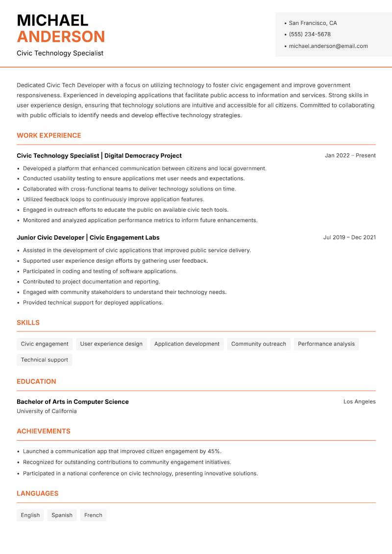 Civic Tech Developer resume template — Modern Professional