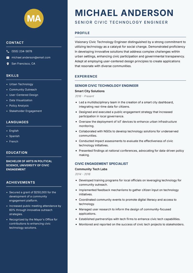 Civic Technology Engineer resume template — Classic Clean