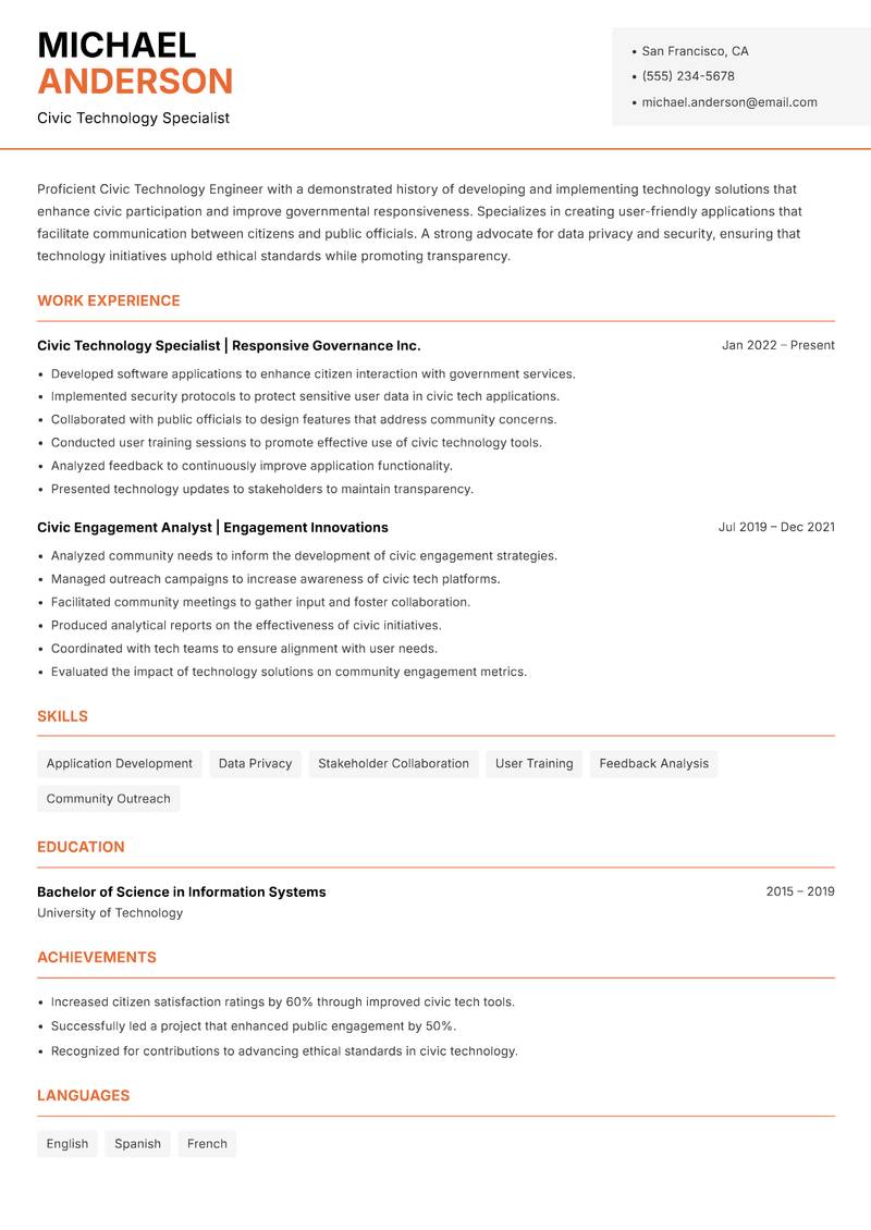 Civic Technology Engineer resume template — Modern Professional