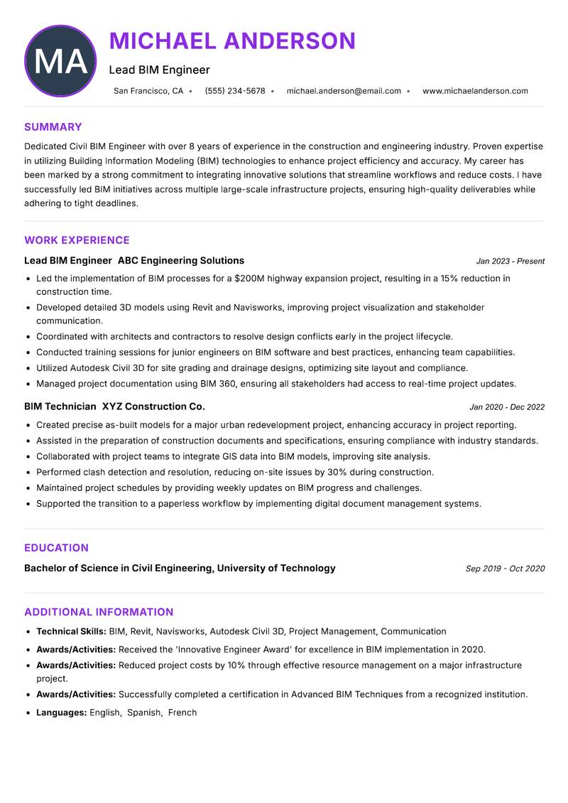 Civil BIM Engineer resume example — ATS-friendly template