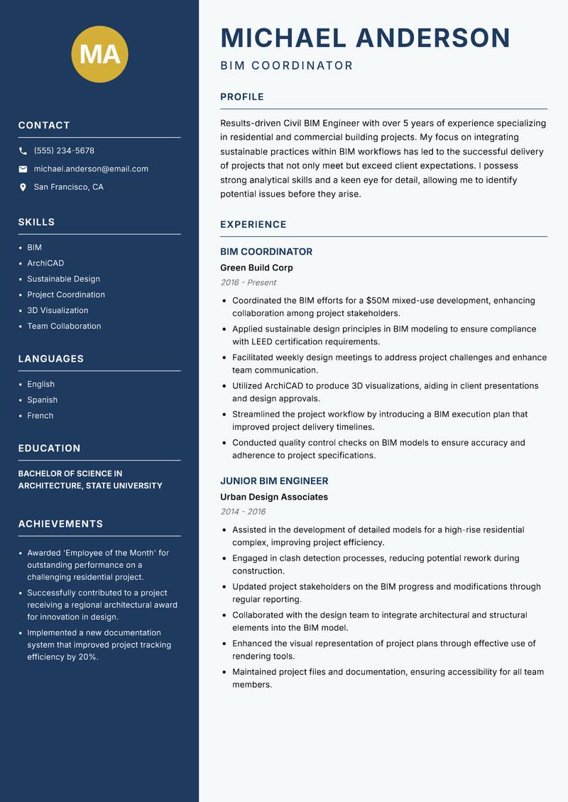 Civil BIM Engineer resume template — Classic Clean