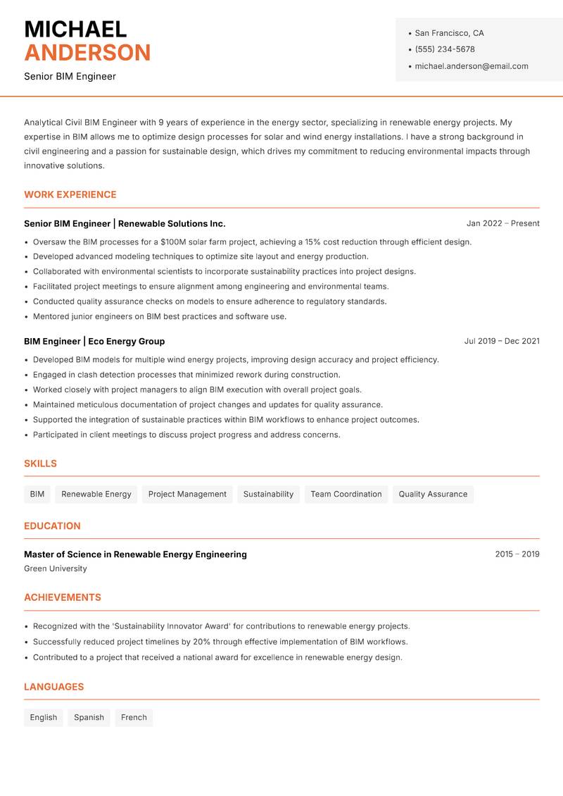 Civil BIM Engineer resume template — Modern Professional