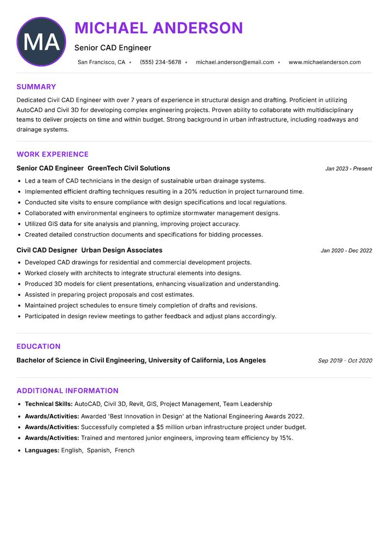 Civil CAD Engineer resume example — ATS-friendly template