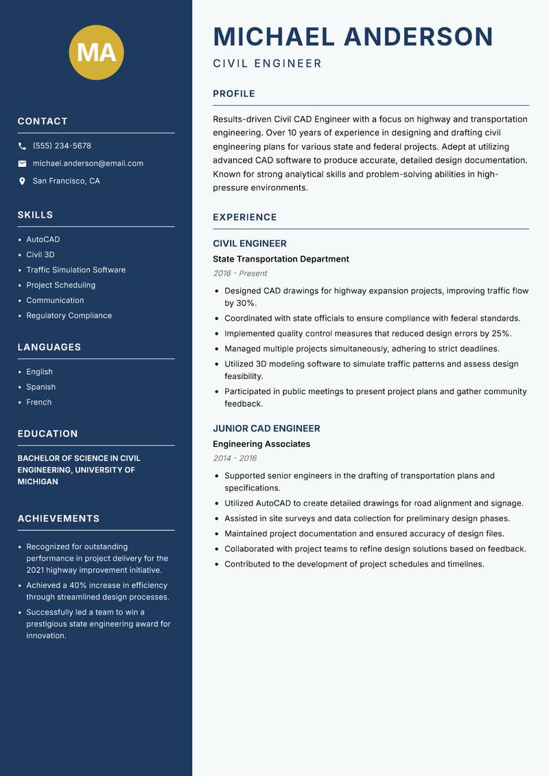 Civil CAD Engineer resume template — Classic Clean