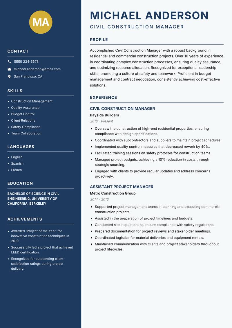 Civil Construction Manager resume template — Classic Clean