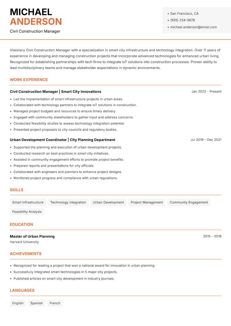 Civil Construction Manager resume template — Modern Professional