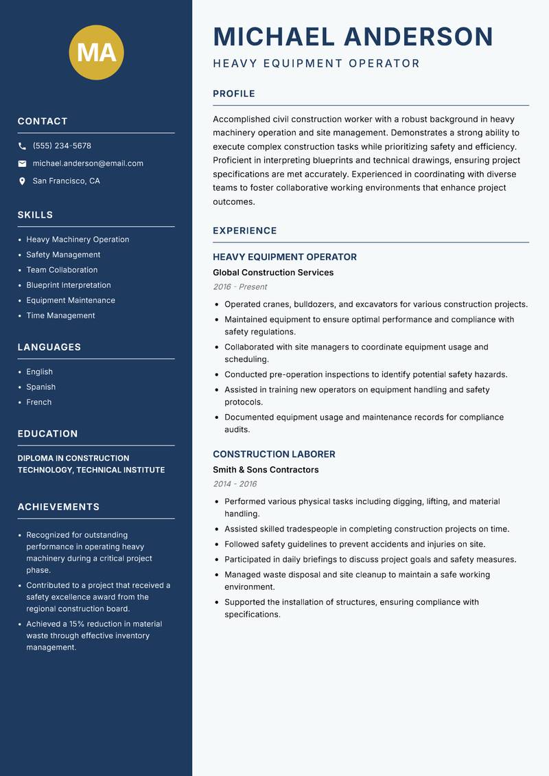 Civil Construction Worker resume template — Classic Clean
