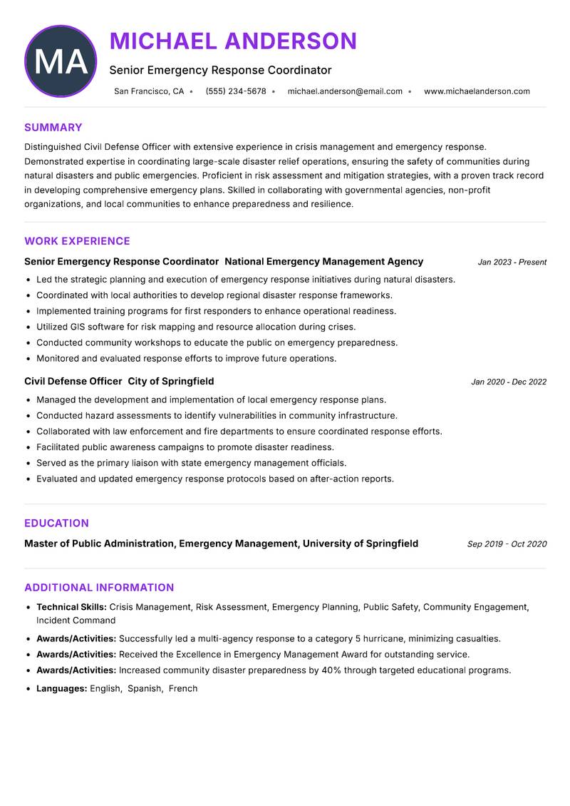 Civil Defense Officer resume example — ATS-friendly template