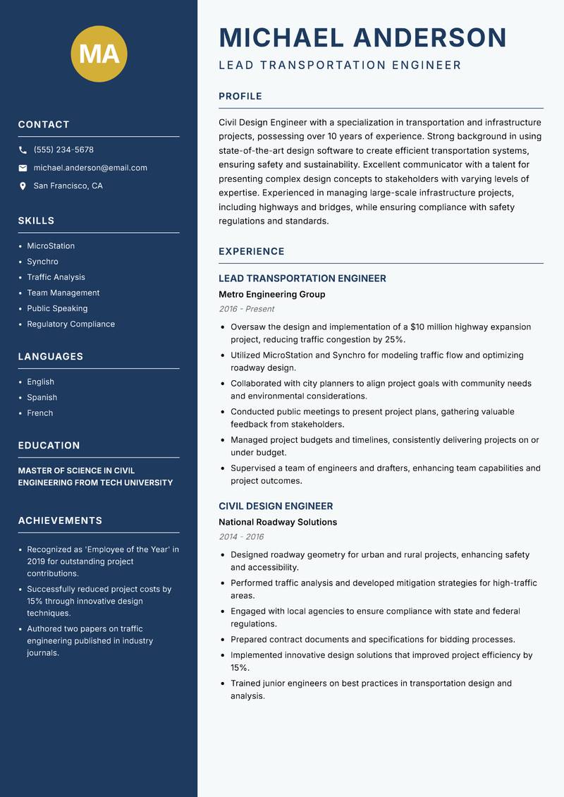 Civil Design Engineer resume template — Classic Clean