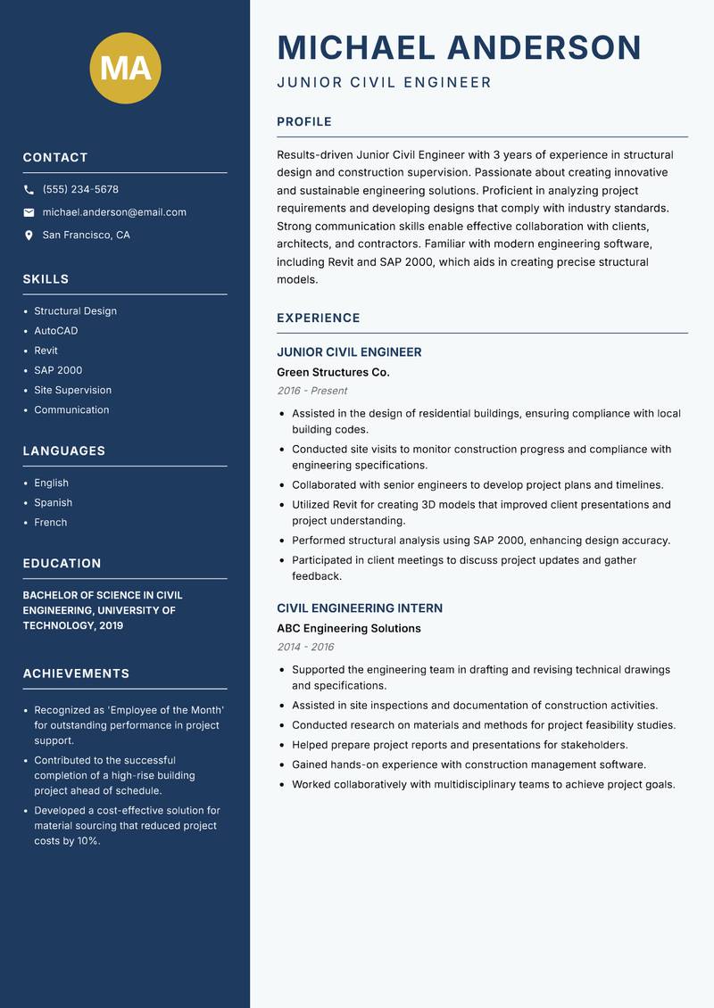 Civil Engineer resume template — Classic Clean