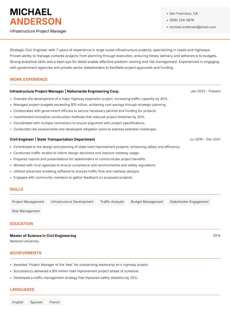 Civil Engineer resume template — Modern Professional