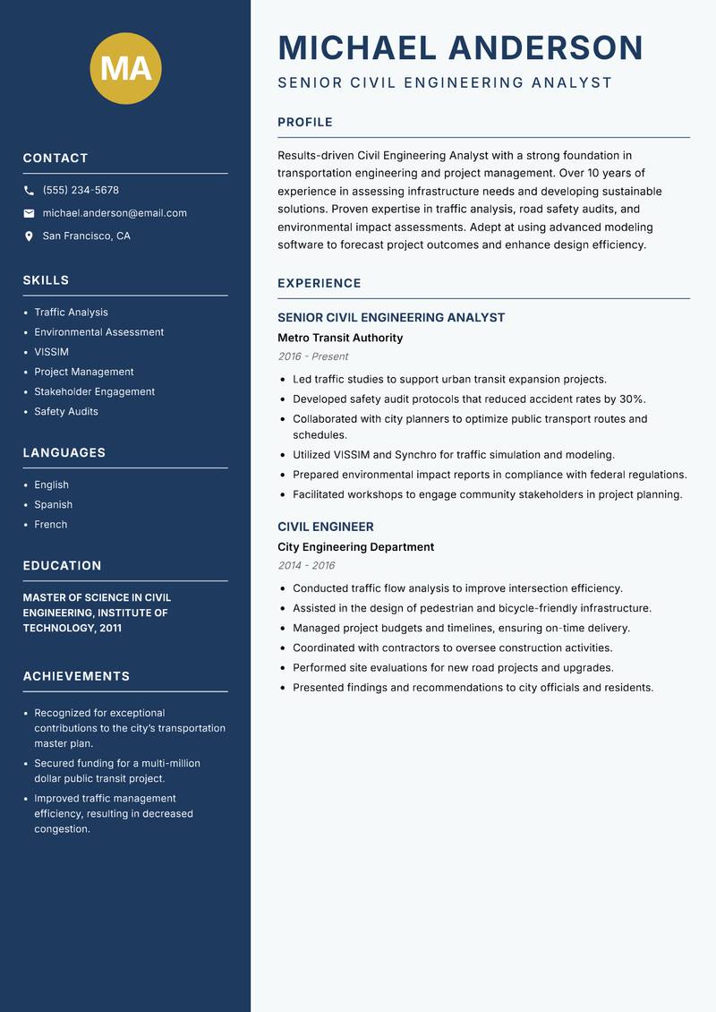 Civil Engineering Analyst resume template — Classic Clean