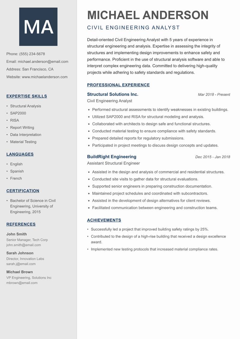 Civil Engineering Analyst resume template — Creative Minimal