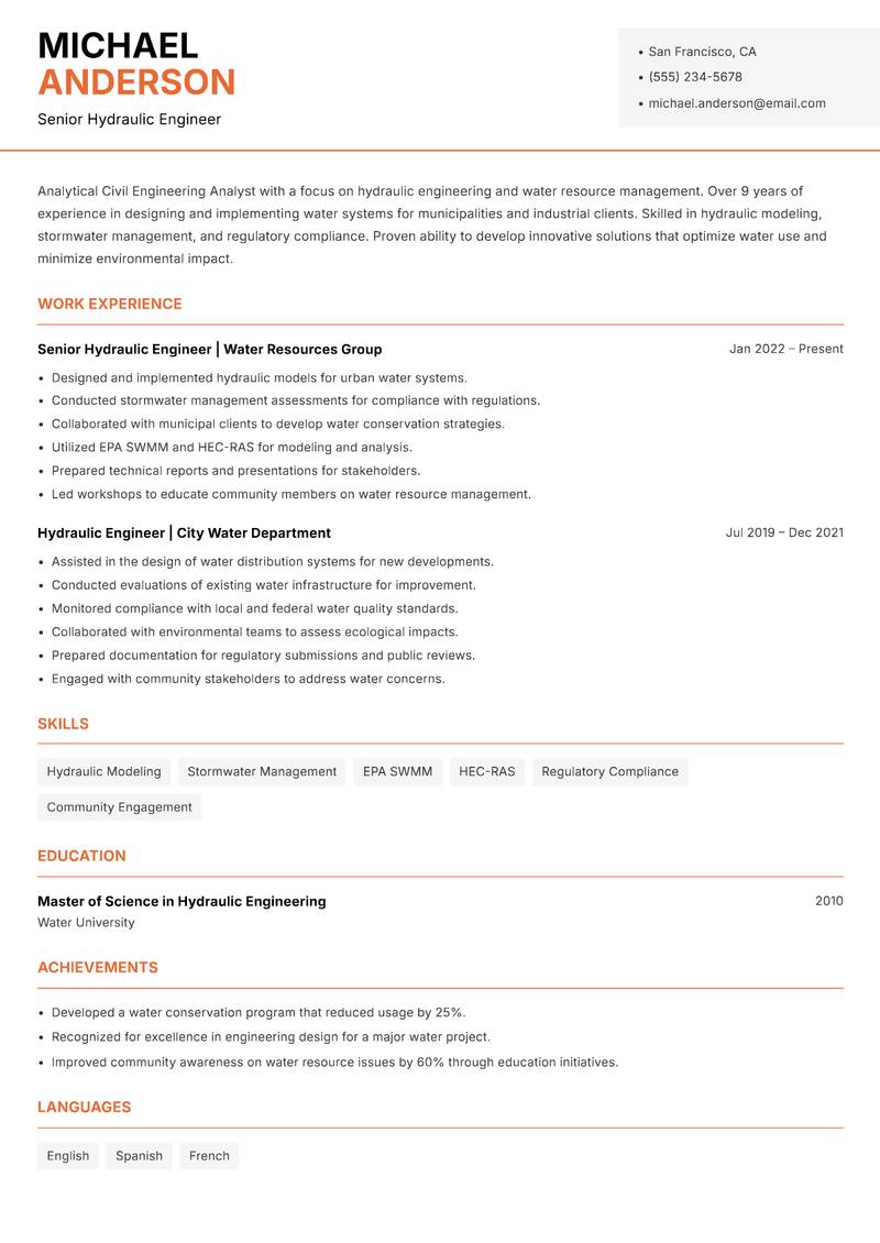 Civil Engineering Analyst resume template — Modern Professional