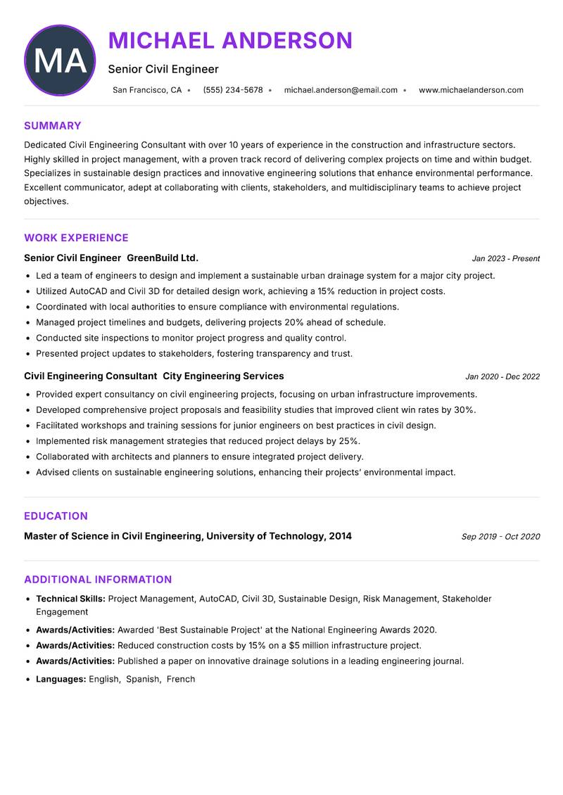 Civil Engineering Consultant resume example — ATS-friendly template