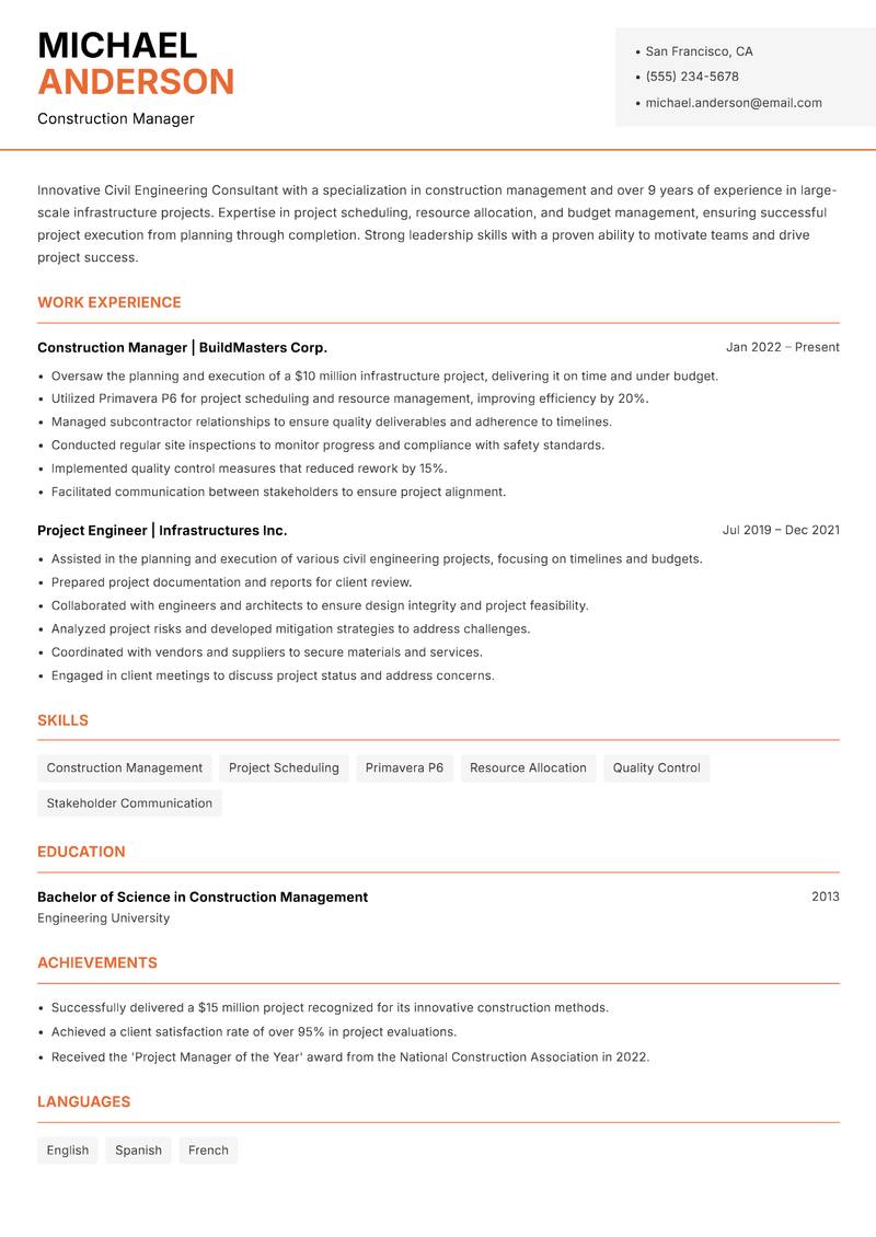 Civil Engineering Consultant resume template — Modern Professional