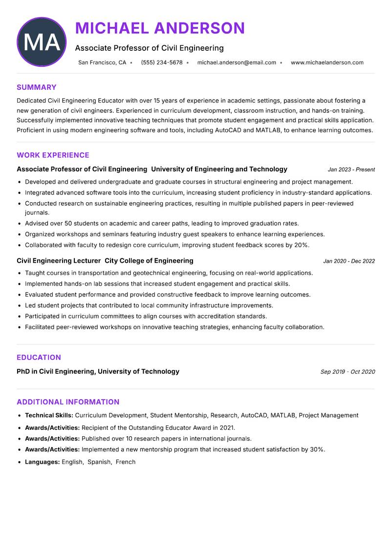 Civil Engineering Educator resume example — ATS-friendly template