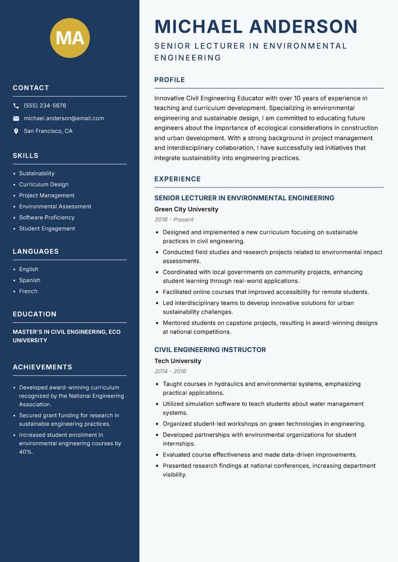 Civil Engineering Educator resume template — Classic Clean