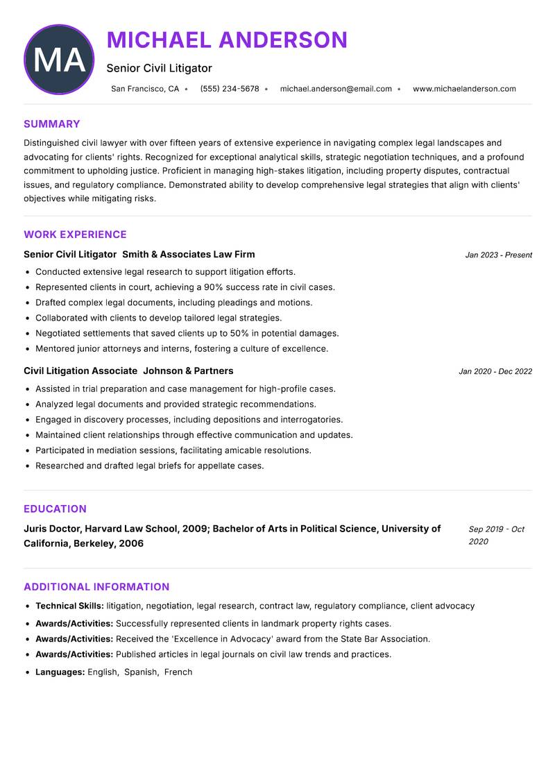 Civil Lawyer resume example — ATS-friendly template
