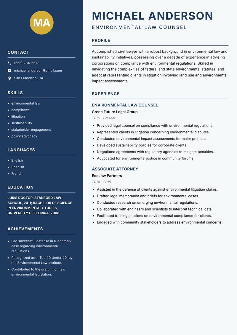 Civil Lawyer resume template — Classic Clean