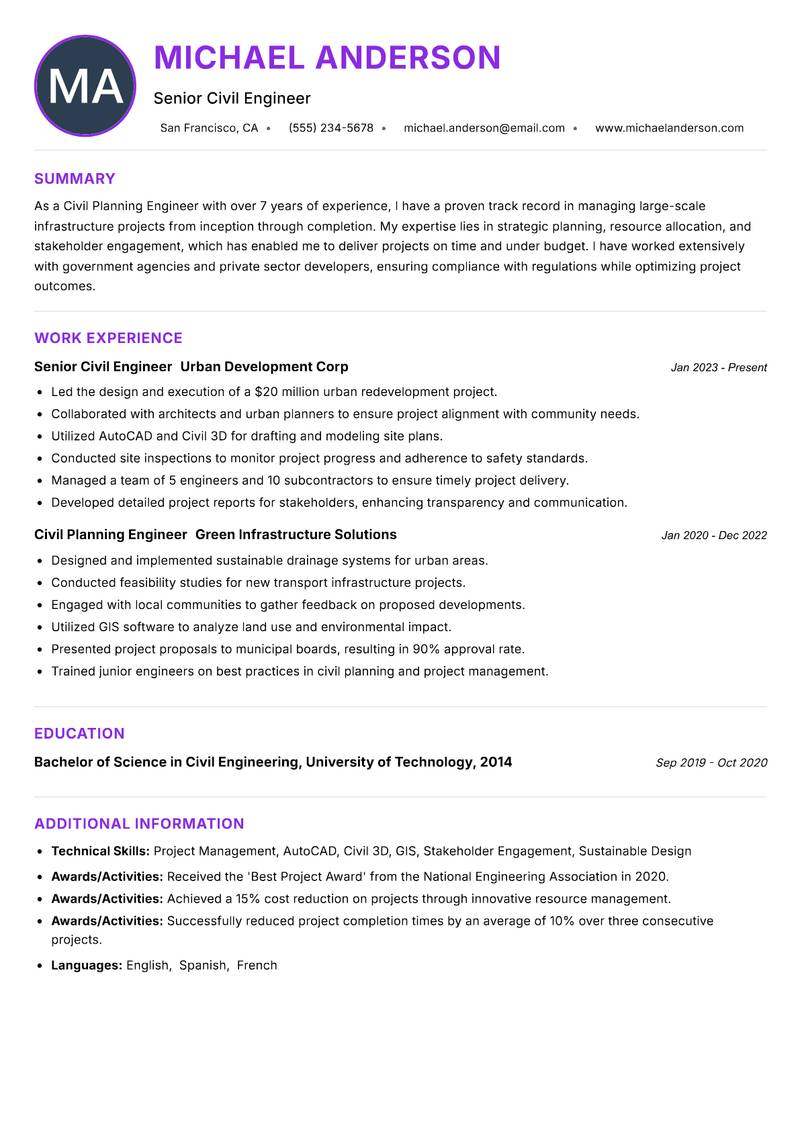 Civil Planning Engineer resume example — ATS-friendly template