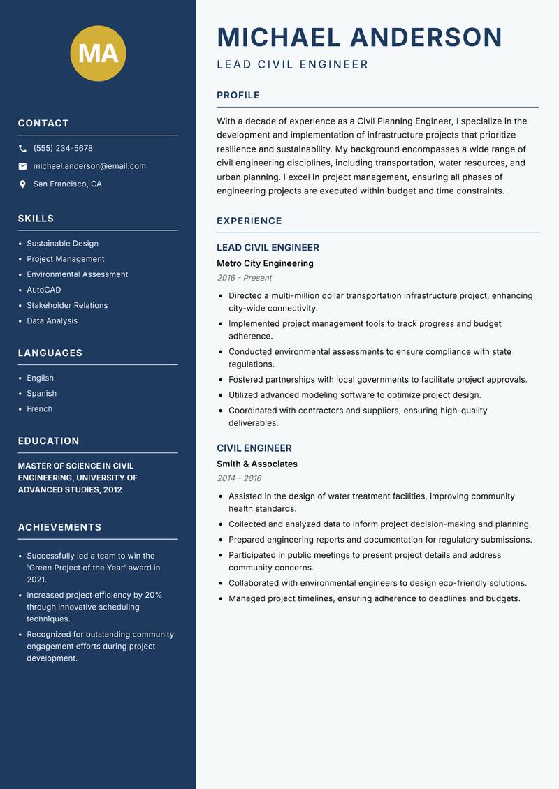 Civil Planning Engineer resume template — Classic Clean