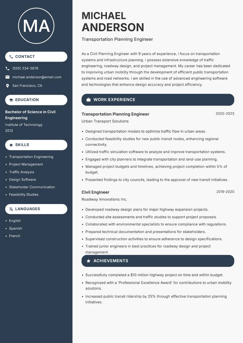 Civil Planning Engineer resume template — Compact