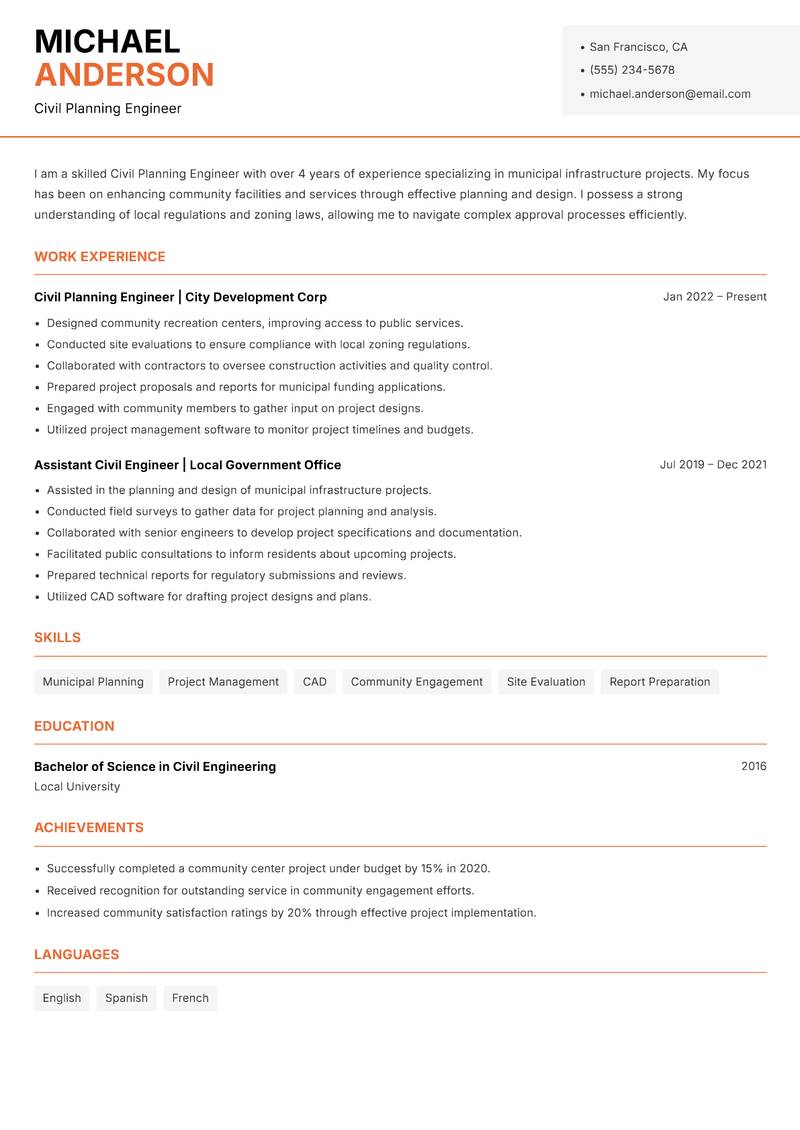 Civil Planning Engineer resume template — Modern Professional