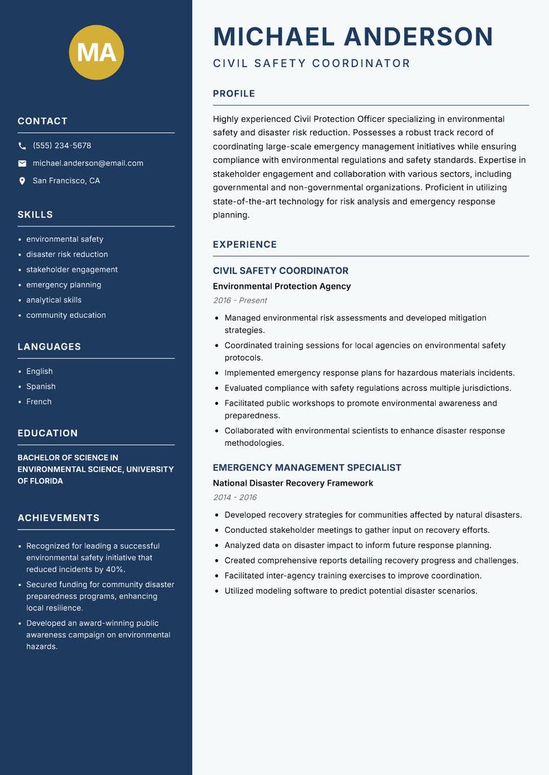 Civil Protection Officer resume template — Classic Clean