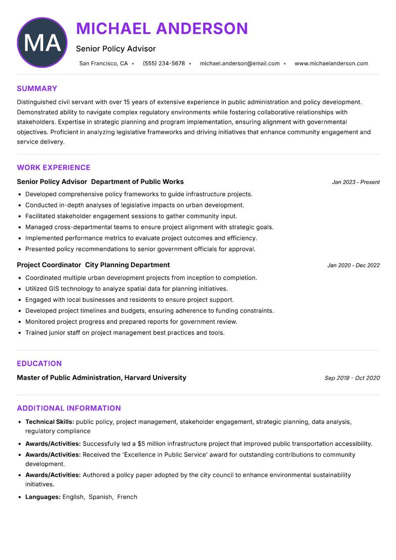Civil Servant resume example — ATS-friendly template