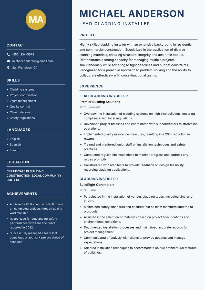 Cladding Installer resume template — Classic Clean