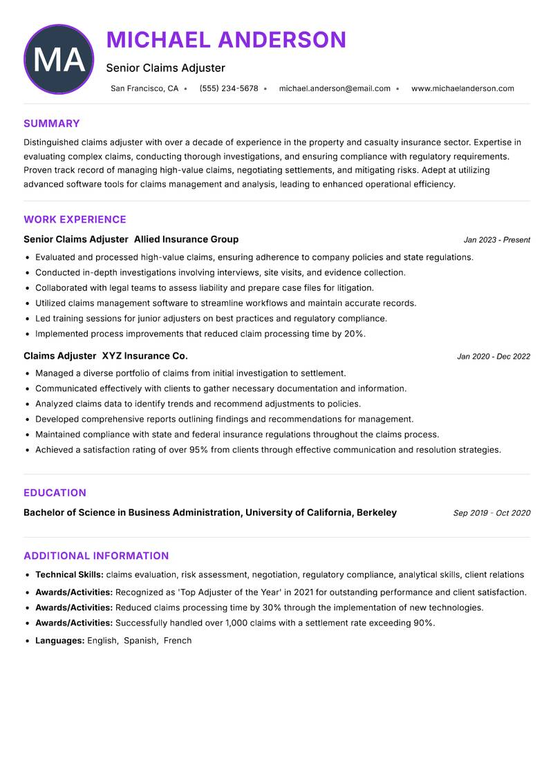 Claims Adjuster resume example — ATS-friendly template