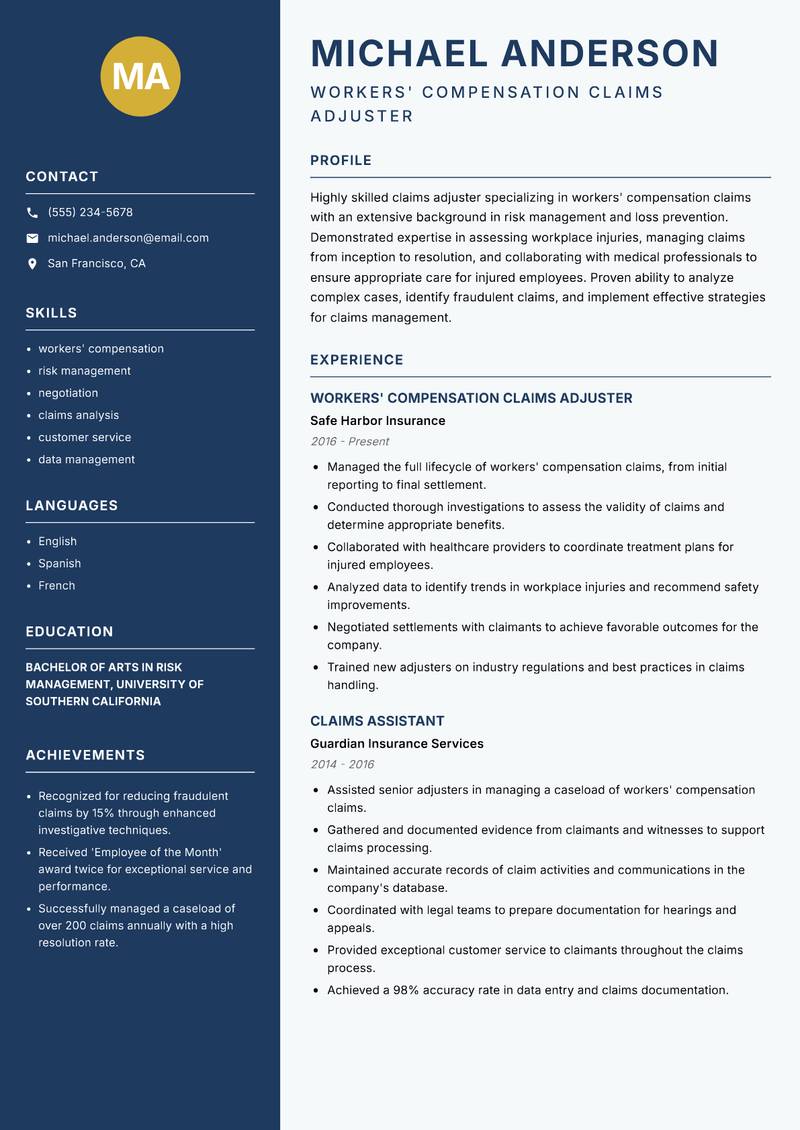 Claims Adjuster resume template — Classic Clean
