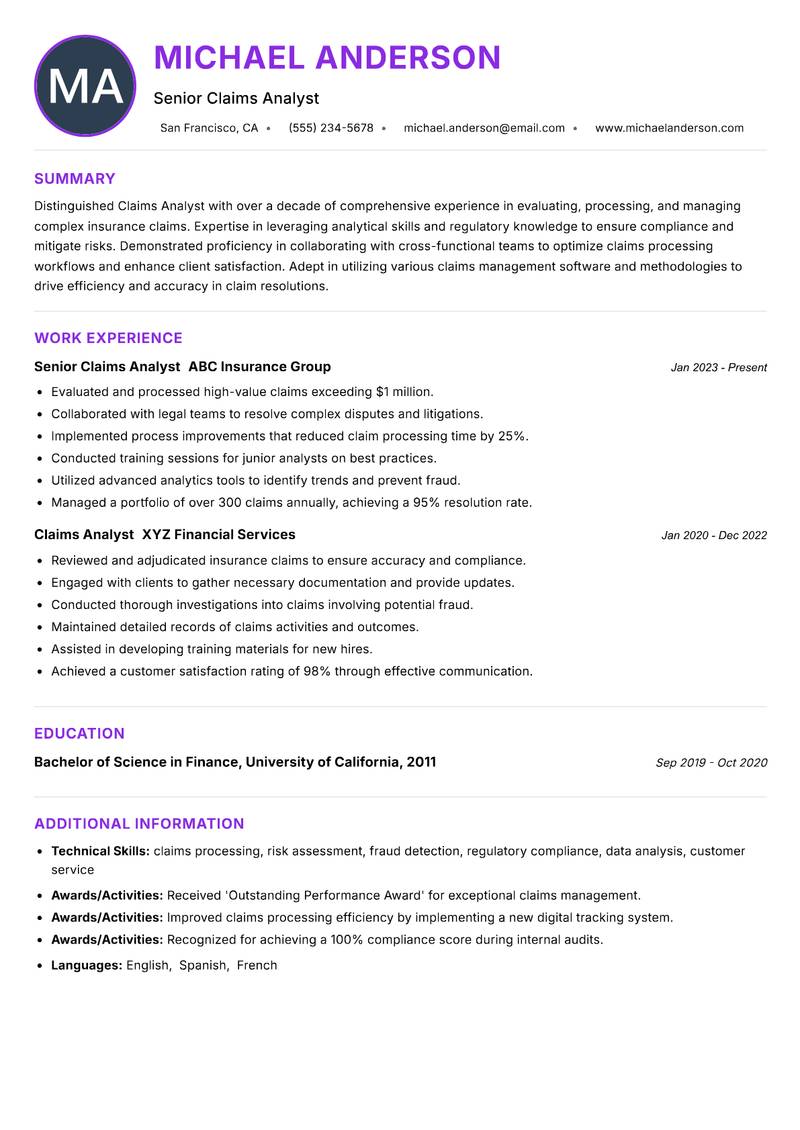 Claims Analyst resume example — ATS-friendly template