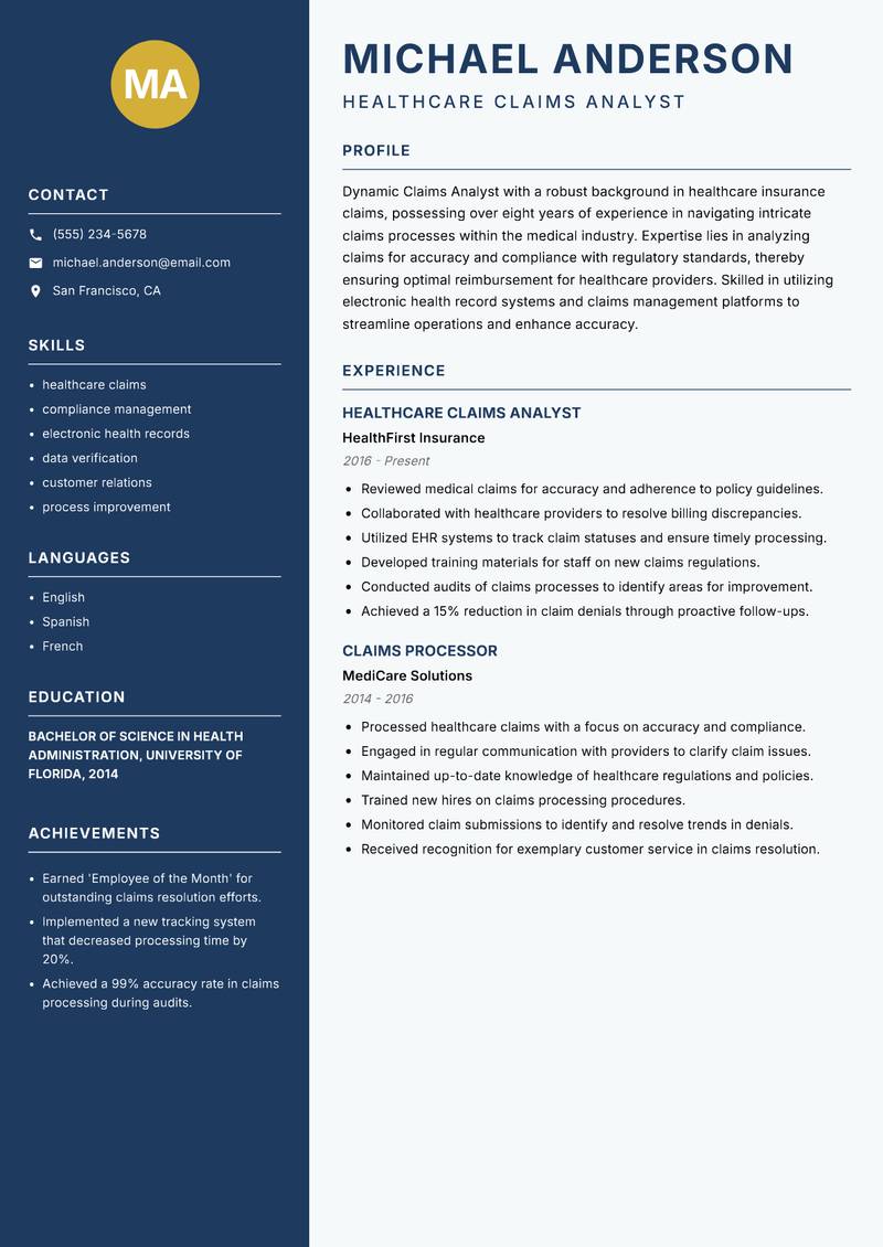 Claims Analyst resume template — Classic Clean