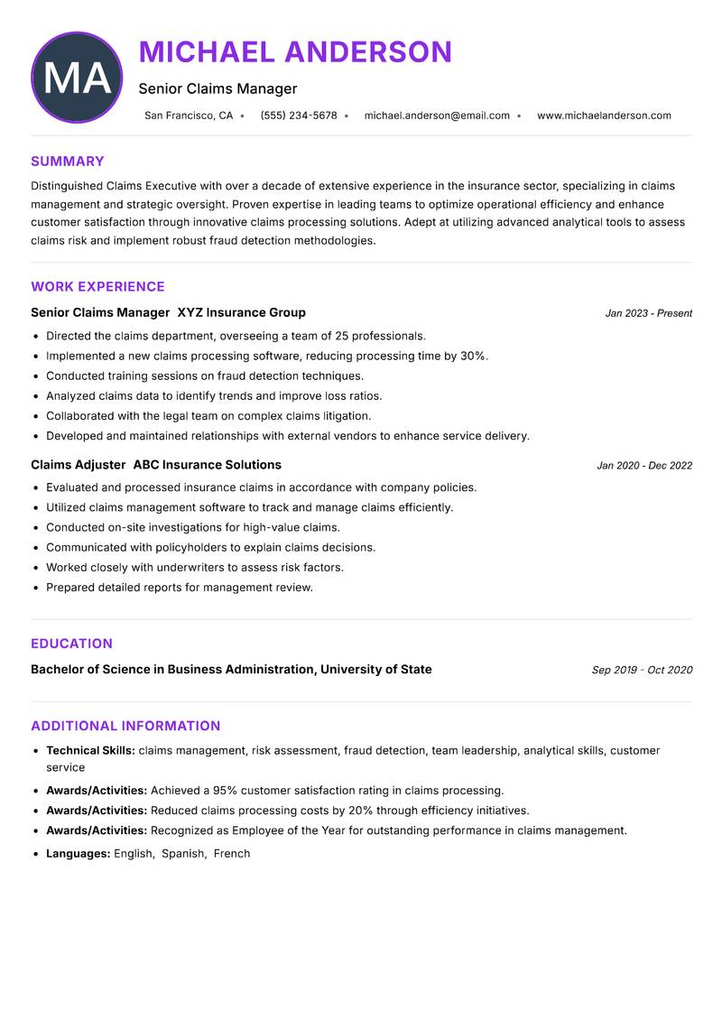 Claims Executive resume example — ATS-friendly template