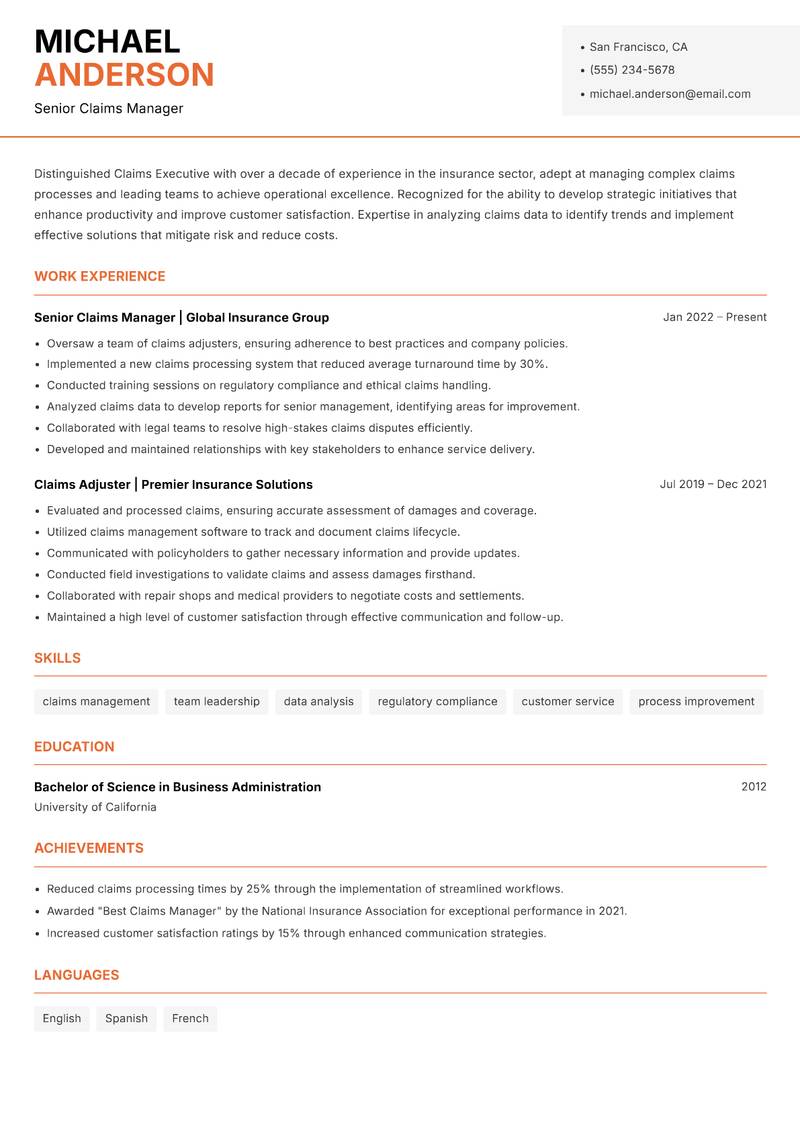 Claims Executive resume template — Modern Professional