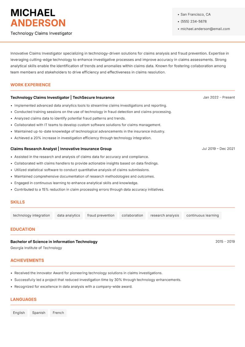Claims Investigator resume template — Modern Professional